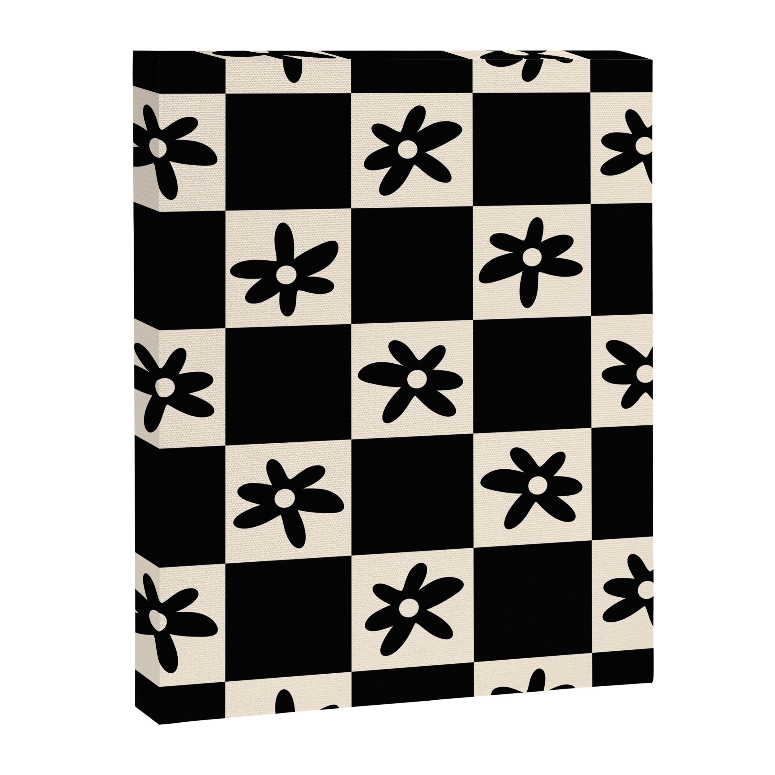 Flower Check Checkerboard Geometric Floral Pattern Black and Almond Cream Canvas Print Gallery Image 6