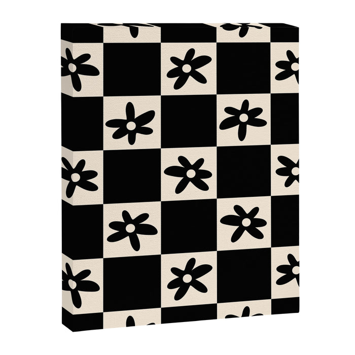 Flower Check Checkerboard Geometric Floral Pattern Black and Almond Cream Canvas Print Gallery Image 1