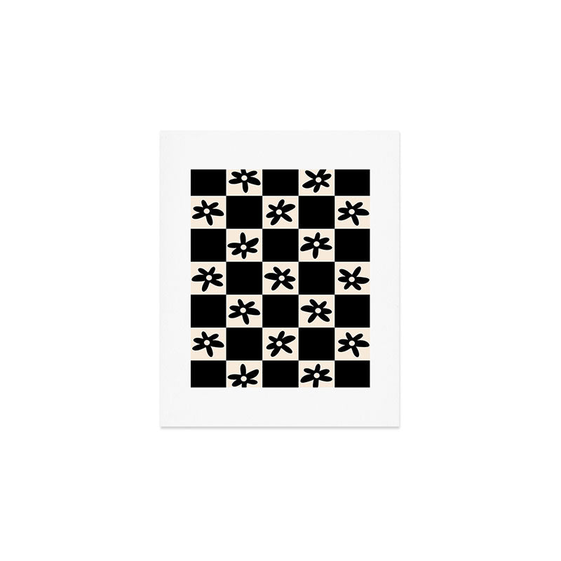 Flower Check Checkerboard Geometric Floral Pattern Black and Almond Cream Art Print Gallery Image 1