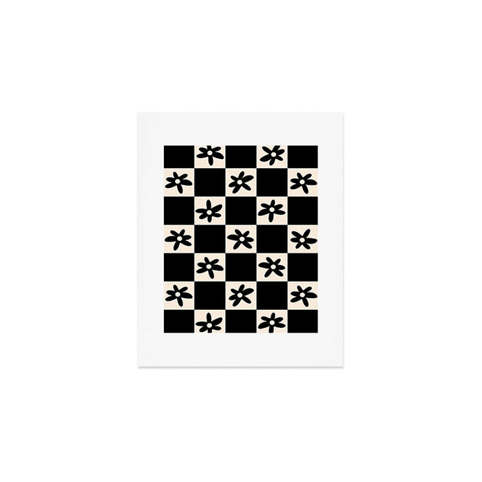 Flower Check Checkerboard Geometric Floral Pattern Black and Almond Cream Art Print Gallery Image 1