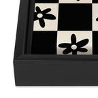 Flower Check Checkerboard Geometric Floral Pattern Black and Almond Cream Framed Canvas Print Gallery Image 3