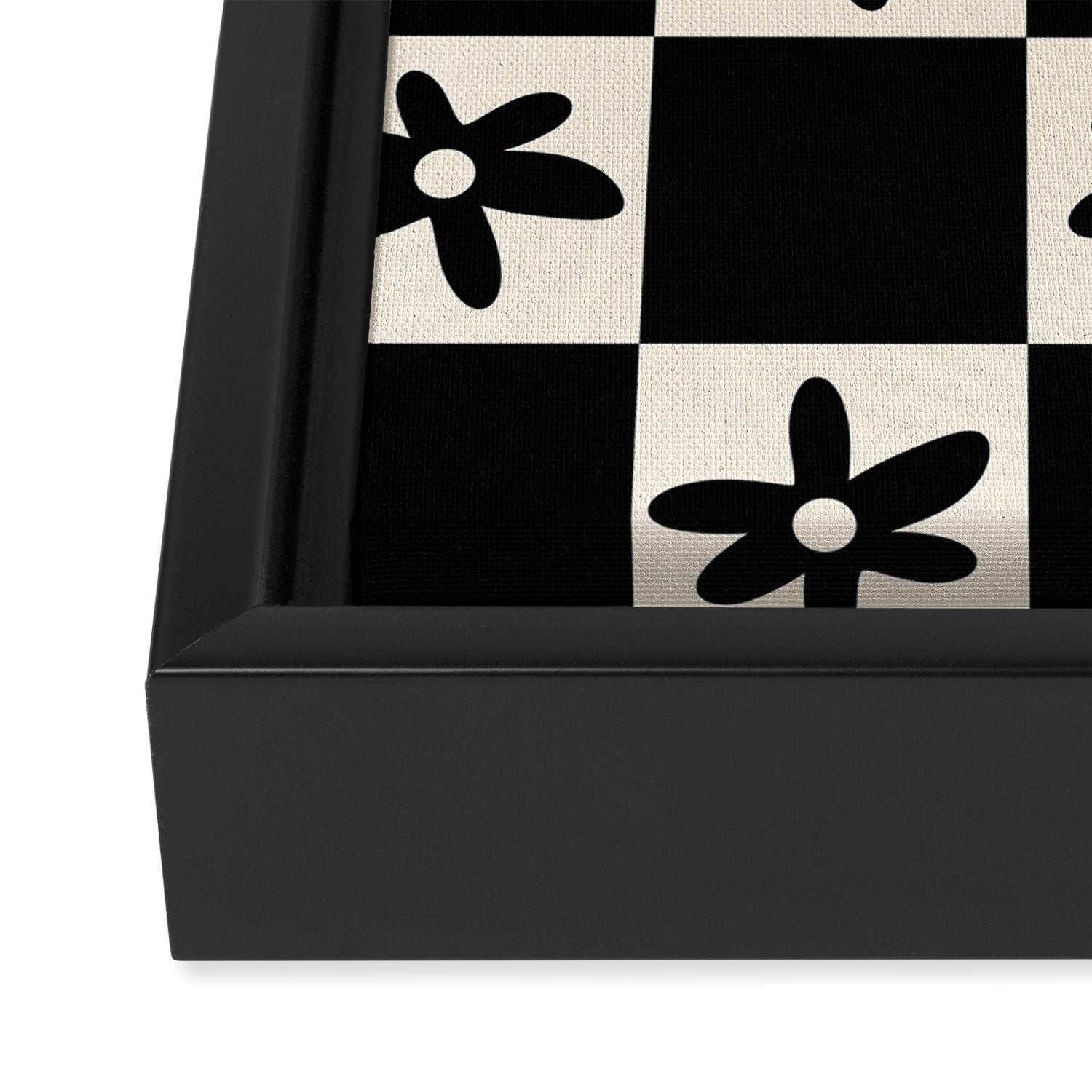 Flower Check Checkerboard Geometric Floral Pattern Black and Almond Cream Framed Canvas Print Gallery Image 3