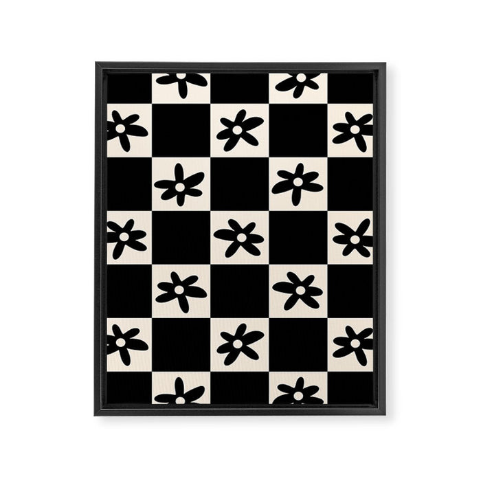 Flower Check Checkerboard Geometric Floral Pattern Black and Almond Cream Framed Canvas Print Gallery Image 1
