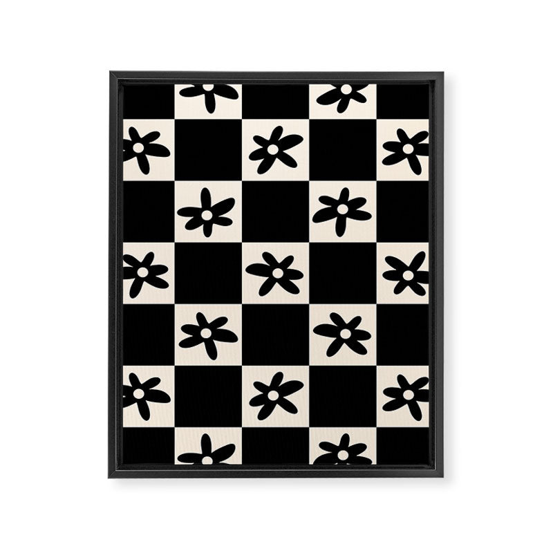 Flower Check Checkerboard Geometric Floral Pattern Black and Almond Cream Framed Canvas Print Gallery Image 6