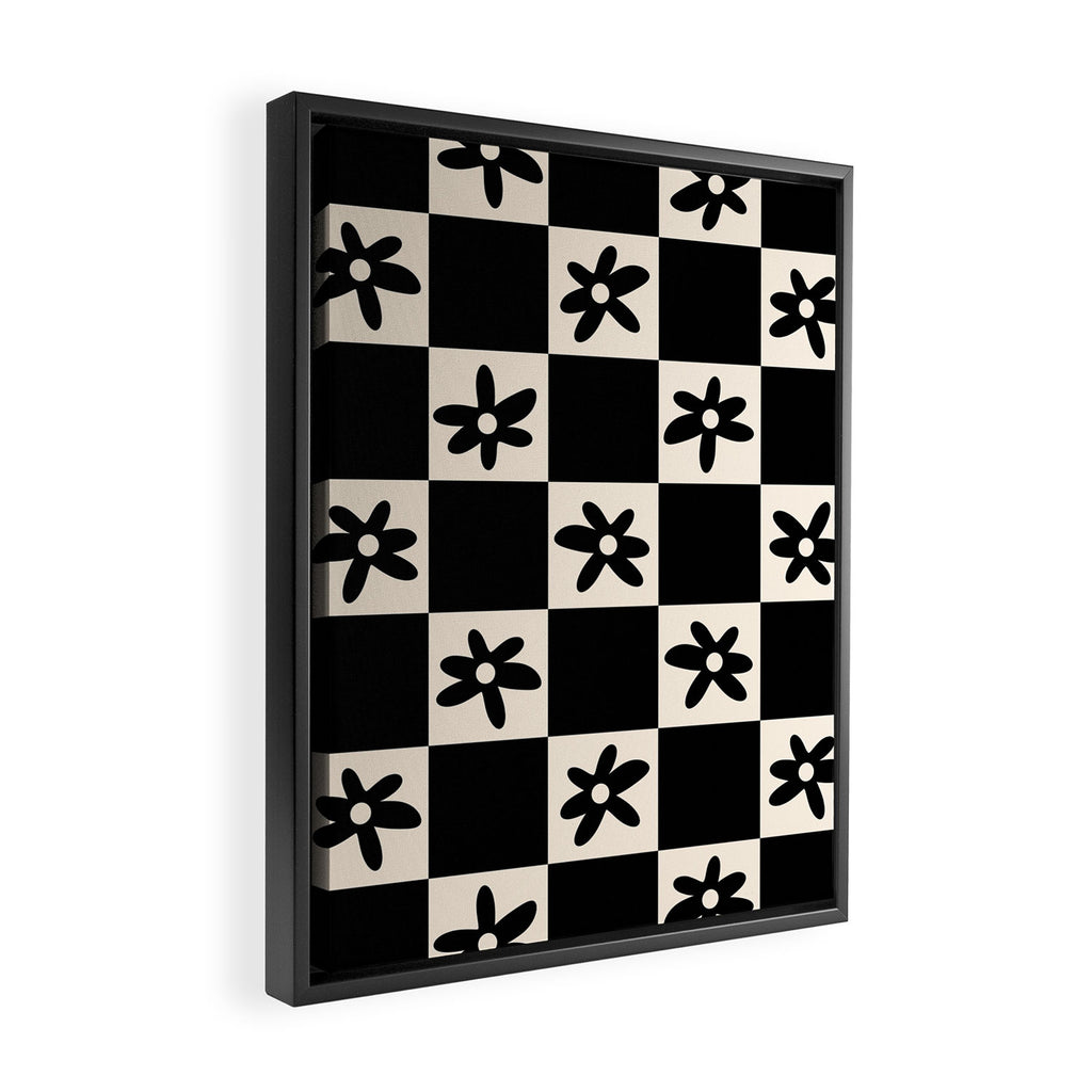 Flower Check Checkerboard Geometric Floral Pattern Black and Almond Cream Framed Canvas Print Gallery Image 2