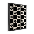 Flower Check Checkerboard Geometric Floral Pattern Black and Almond Cream Framed Canvas Print Gallery Image 2