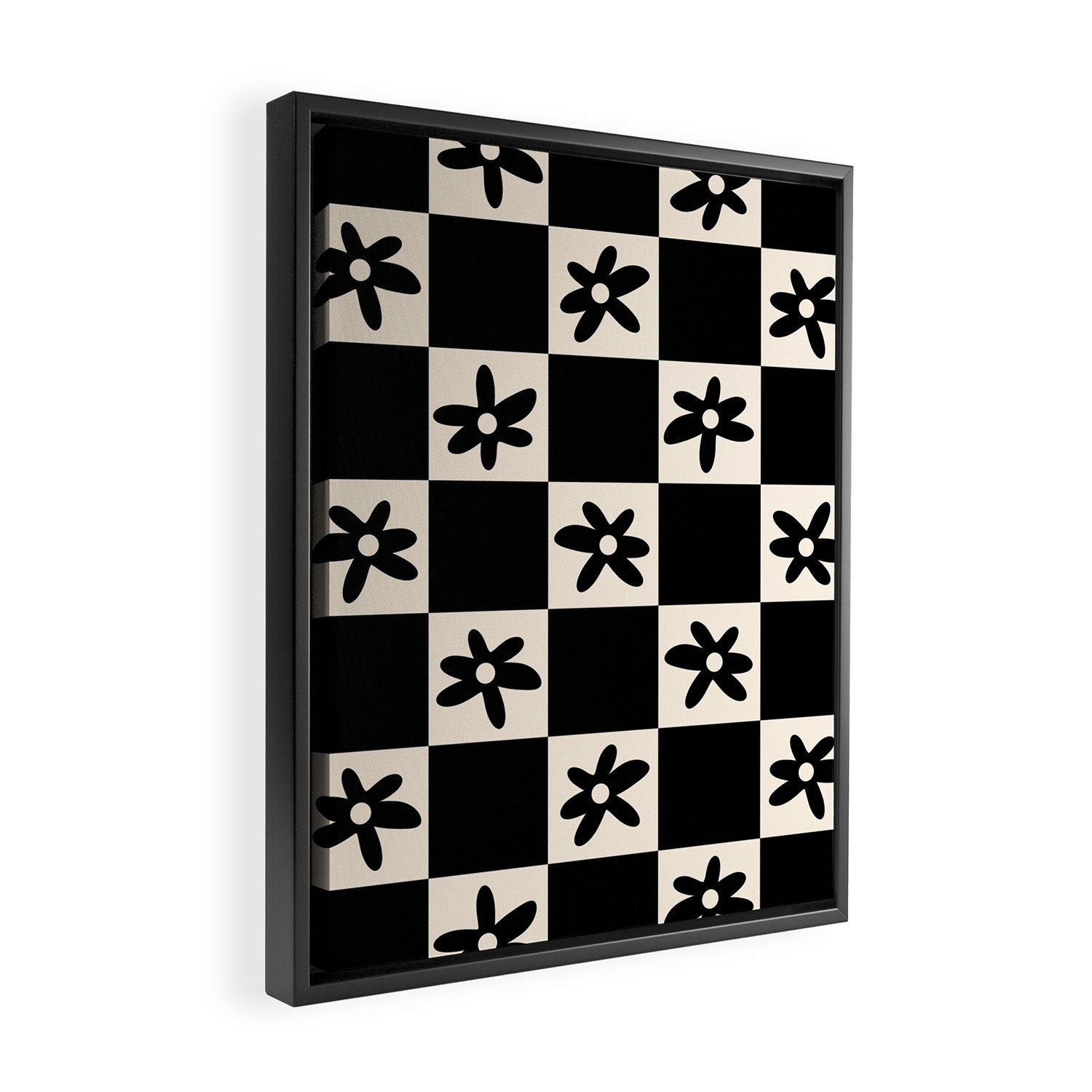 Flower Check Checkerboard Geometric Floral Pattern Black and Almond Cream Framed Canvas Print Gallery Image 2