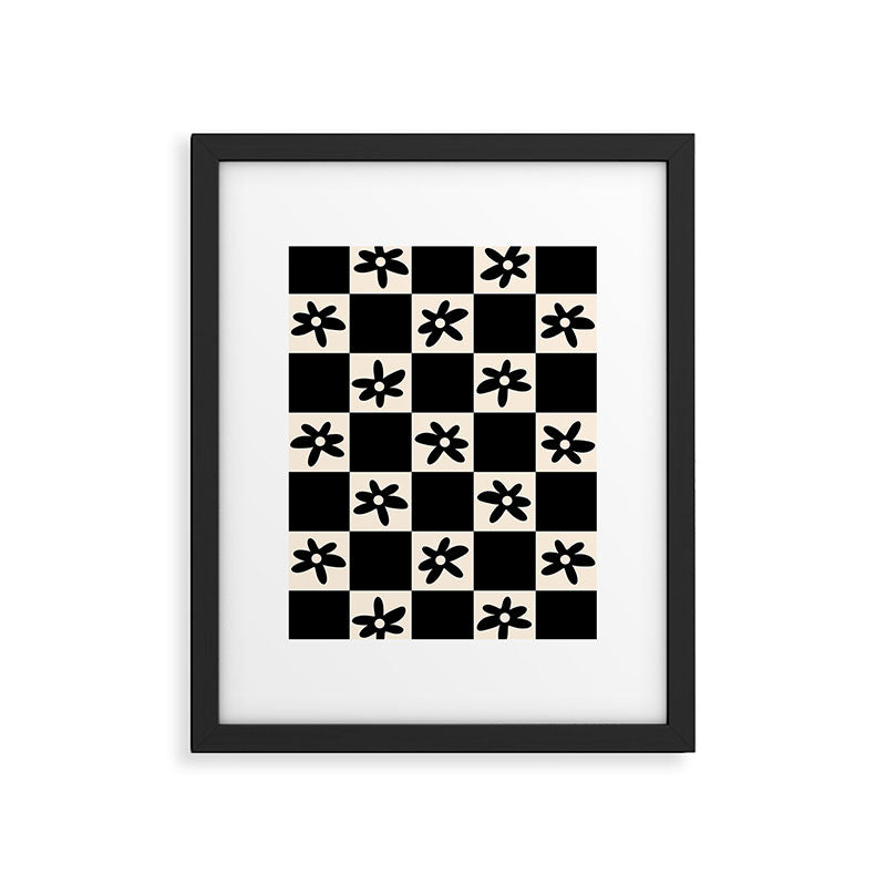 Flower Check Checkerboard Geometric Floral Pattern Black and Almond Cream Framed Art Print Gallery Image 4