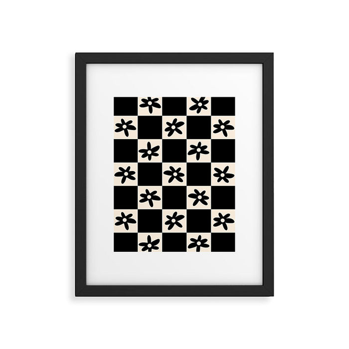 Flower Check Checkerboard Geometric Floral Pattern Black and Almond Cream Framed Art Print Gallery Image 1