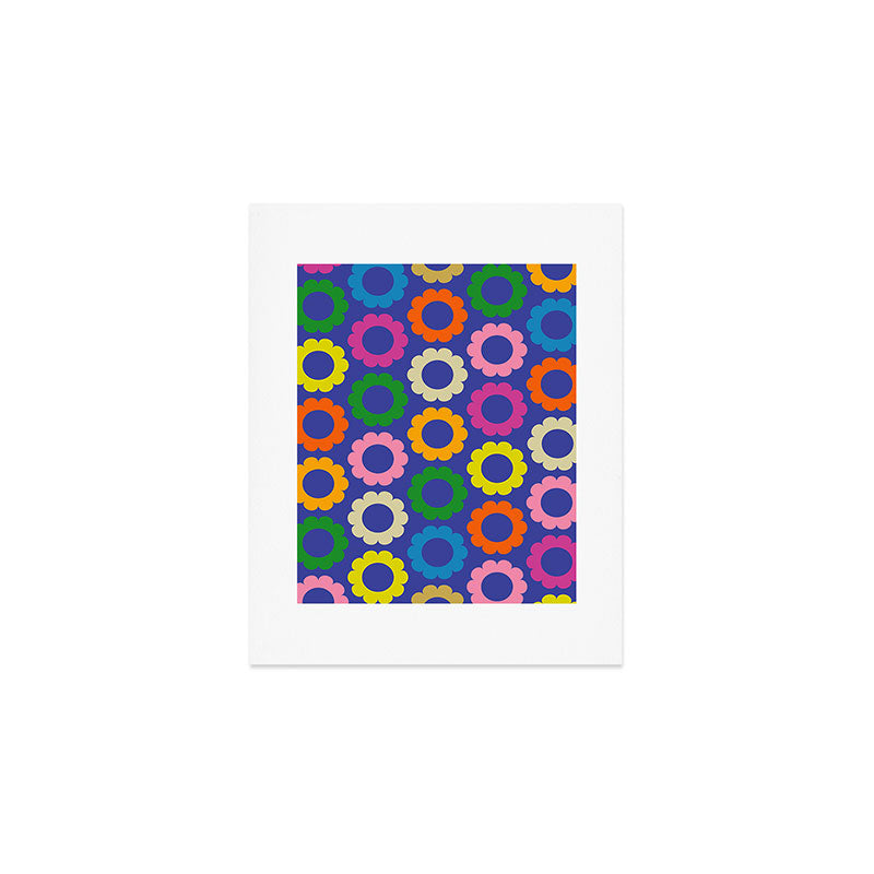 Flower Dots Cute Colorful Simple Retro Contemporary Floral Pattern Blue Art Print Gallery Image 1