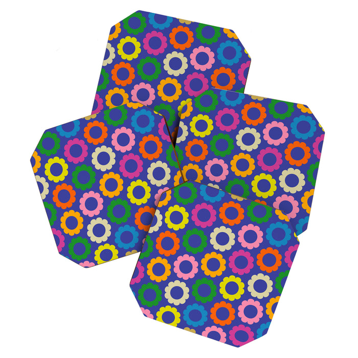 Flower Dots Cute Colorful Simple Retro Contemporary Floral Pattern Blue Coaster Gallery Image 1