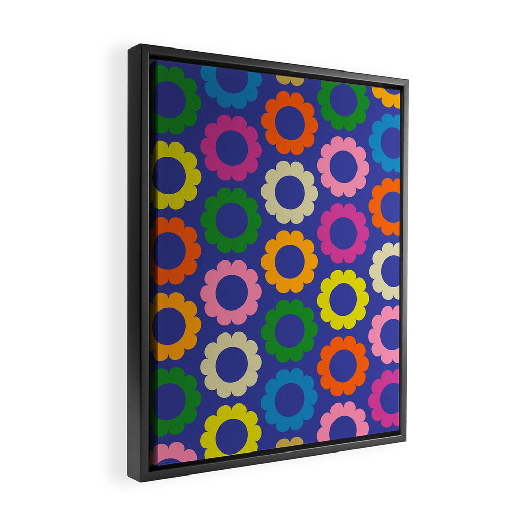 Flower Dots Cute Colorful Simple Retro Contemporary Floral Pattern Blue Framed Canvas Print Gallery Image 2