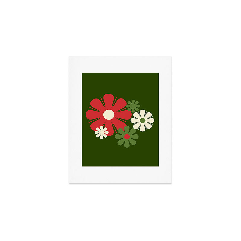 Flower Locus Retro Christmas 60s 70s Floral Pattern Xmas Green Red Cream Art Print Gallery Image 1