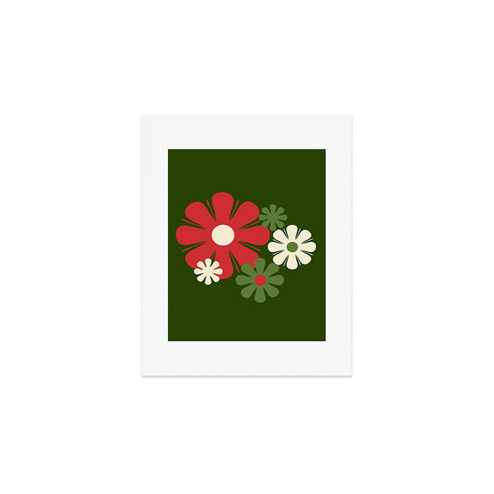 Flower Locus Retro Christmas 60s 70s Floral Pattern Xmas Green Red Cream Art Print Gallery Image 1