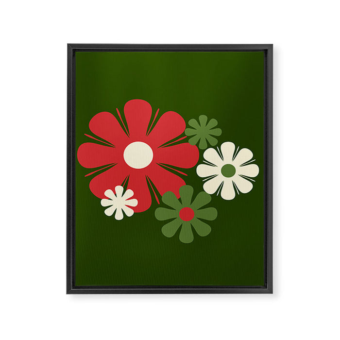 Flower Locus Retro Christmas 60s 70s Floral Pattern Xmas Green Red Cream Framed Canvas Print Gallery Image 1