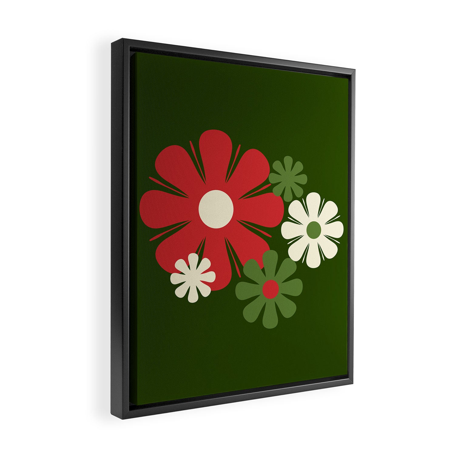 Flower Locus Retro Christmas 60s 70s Floral Pattern Xmas Green Red Cream Framed Canvas Print Gallery Image 2