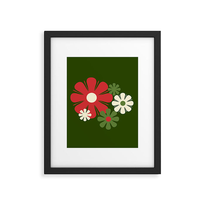 Flower Locus Retro Christmas 60s 70s Floral Pattern Xmas Green Red Cream Framed Art Print Gallery Image 1