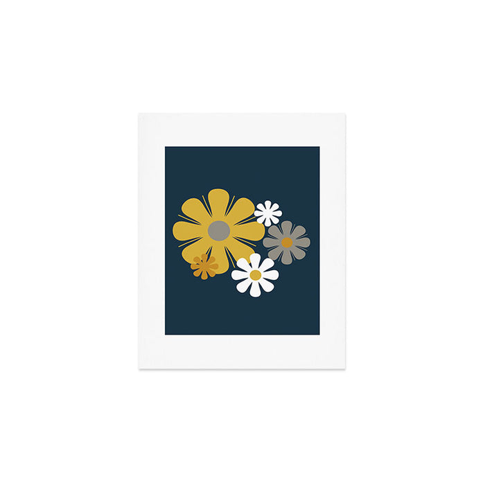 Flower Locus Retro Minimalist Floral Pattern Navy Blue Mustard Yellow Gray White  Art Print Gallery Image 1