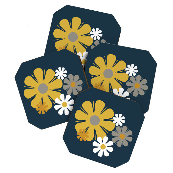 Flower Locus Retro Minimalist Floral Pattern Navy Blue Mustard Yellow Gray White  Coaster Gallery Image 1