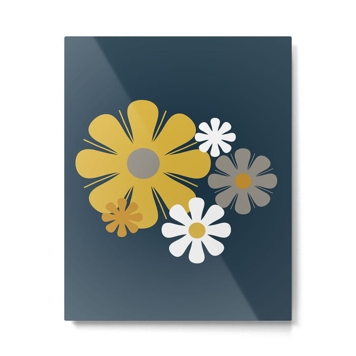 Flower Locus Retro Minimalist Floral Pattern Navy Blue Mustard Yellow Gray White  Metal Print Gallery Image 1