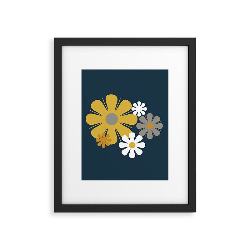 Flower Locus Retro Minimalist Floral Pattern Navy Blue Mustard Yellow Gray White  Framed Art Print Gallery Image 6