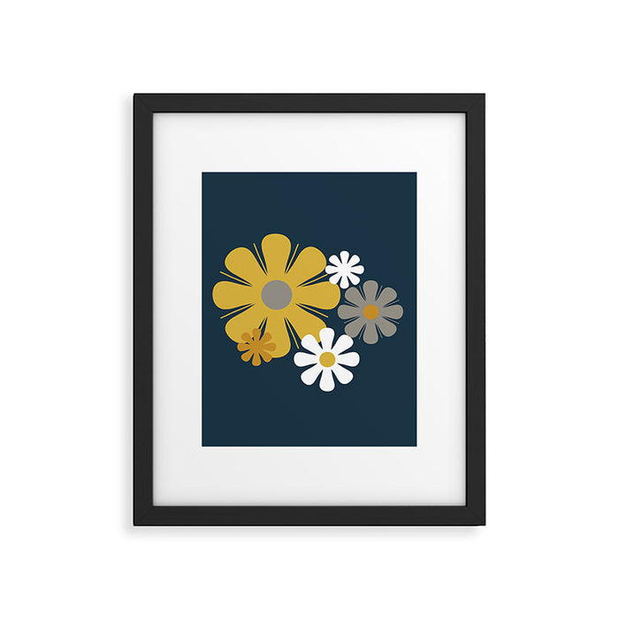 Flower Locus Retro Minimalist Floral Pattern Navy Blue Mustard Yellow Gray White  Framed Art Print Gallery Image 1