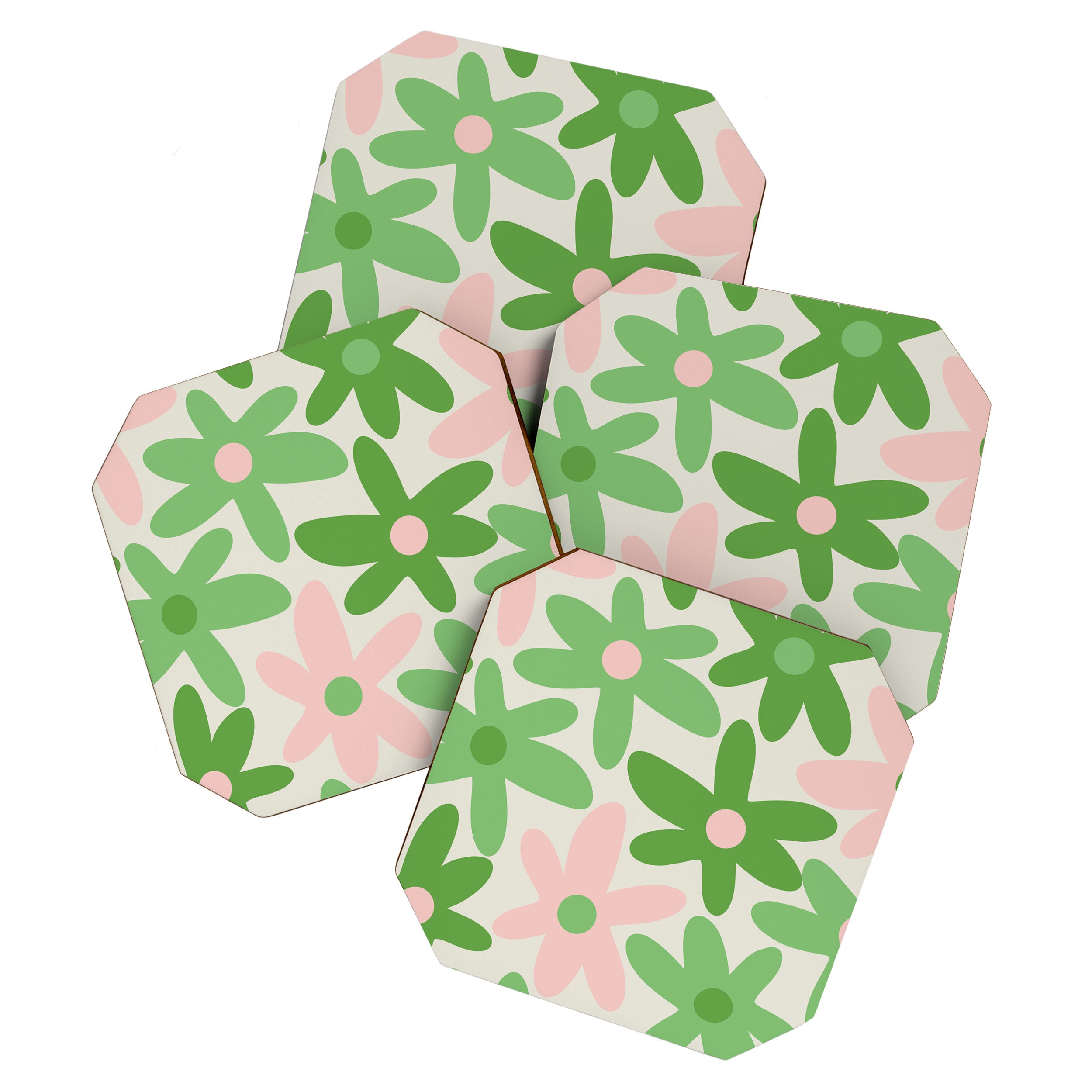 Flower Market Valencia Cute Retro Modern Floral Lime Green and Light Pink Coaster Gallery Image 1