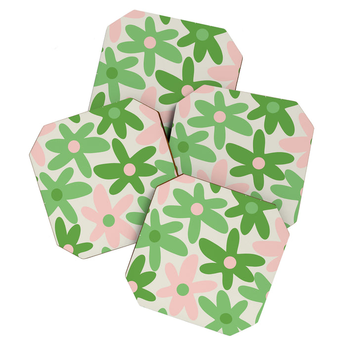 Flower Market Valencia Cute Retro Modern Floral Lime Green and Light Pink Coaster Gallery Image 1