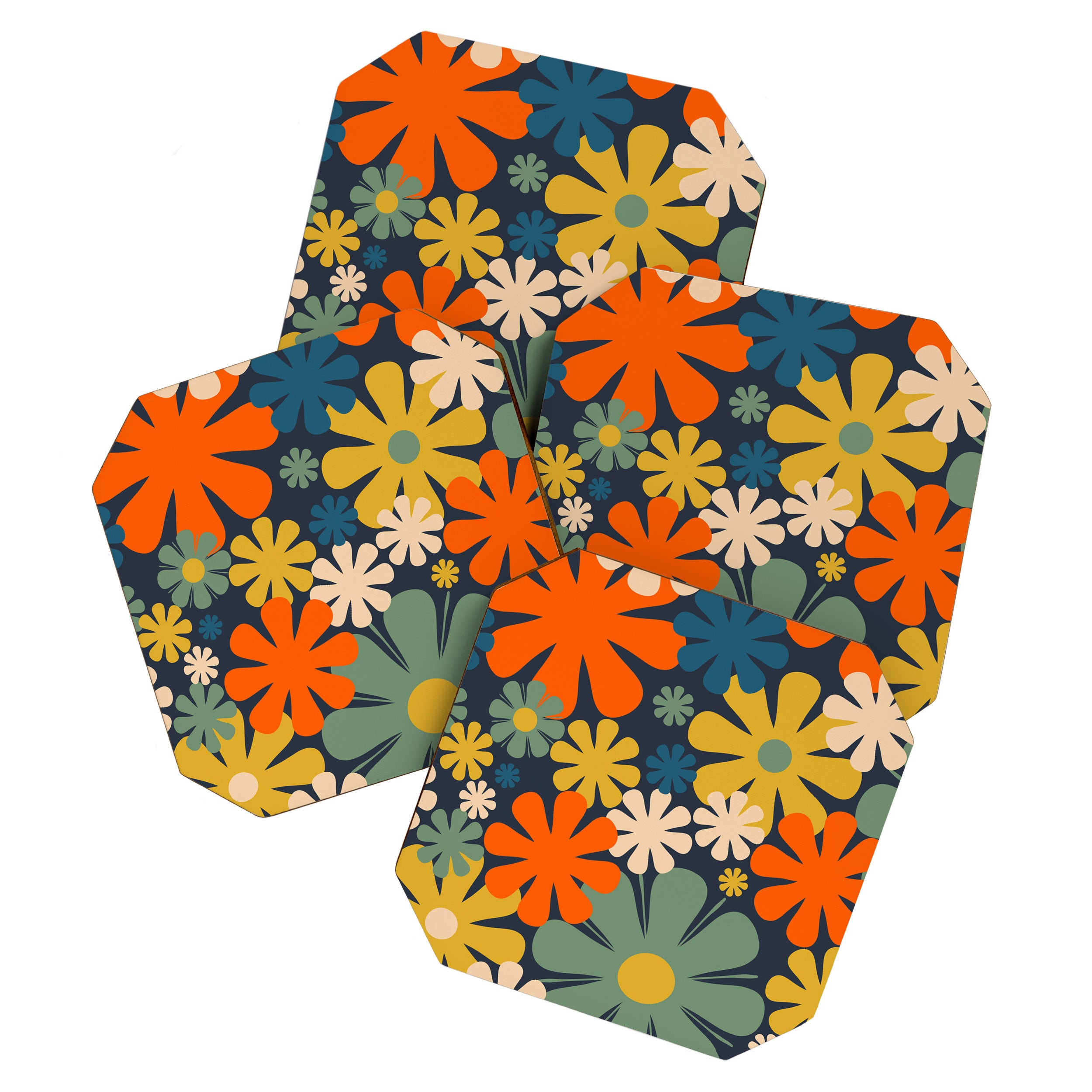 Flower Market Valencia Spain Retro Minimal Floral Blue Orange Mustard Coaster Gallery Image 1