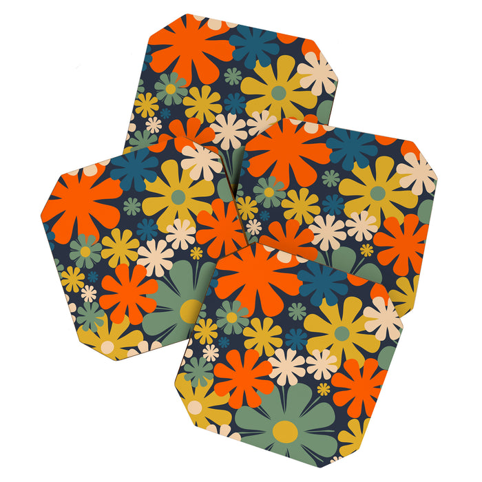 Flower Market Valencia Spain Retro Minimal Floral Blue Orange Mustard Coaster Gallery Image 1