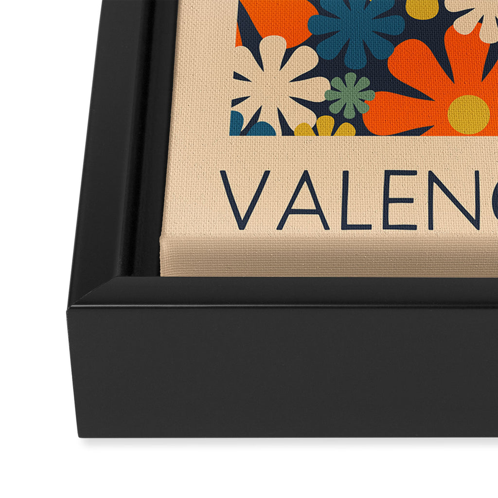 Flower Market Valencia Spain Retro Minimal Floral Blue Orange Mustard Framed Canvas Print Gallery Image 3