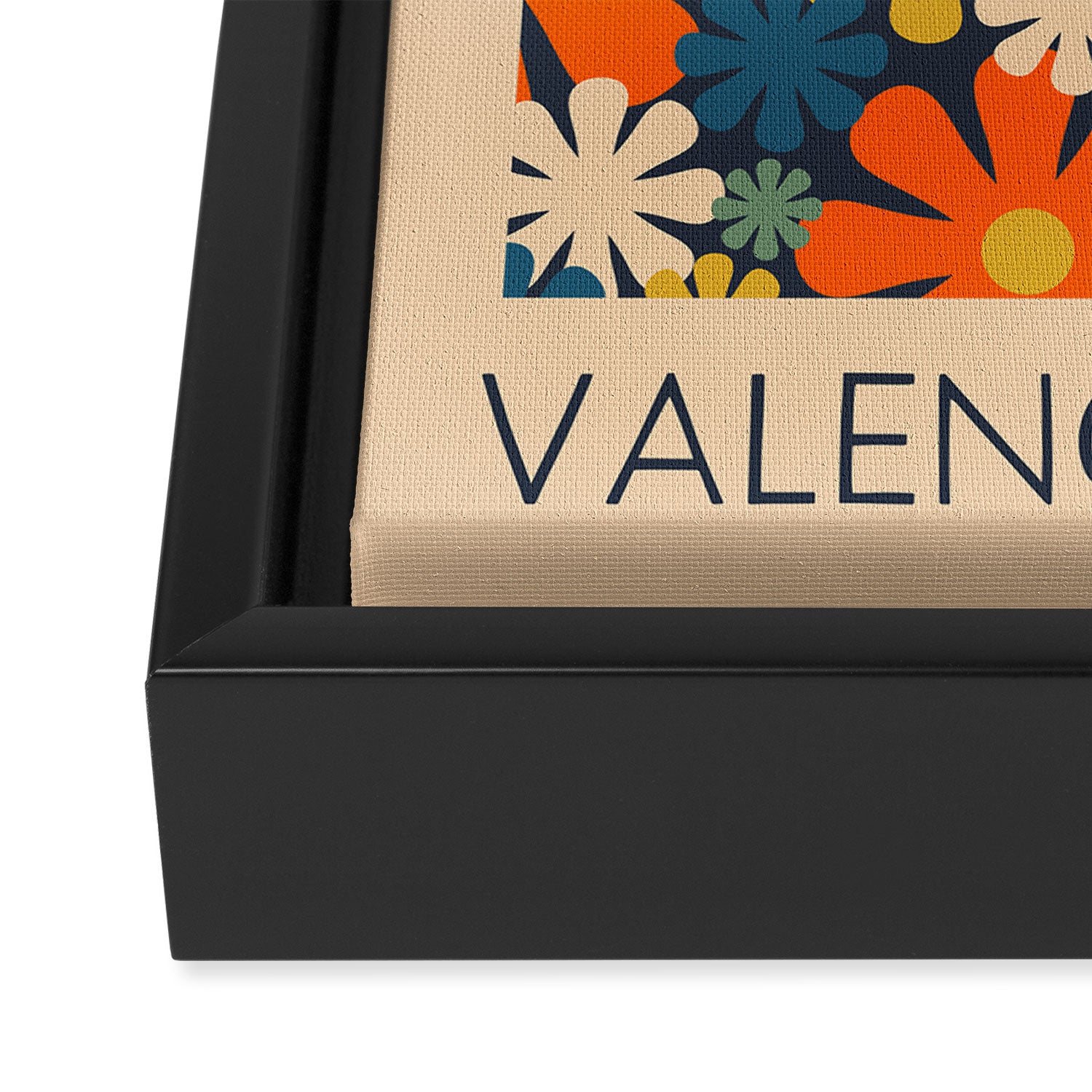 Flower Market Valencia Spain Retro Minimal Floral Blue Orange Mustard Framed Canvas Print Gallery Image 3