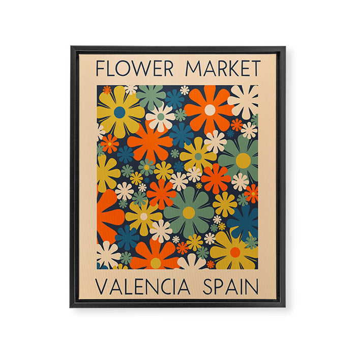 Flower Market Valencia Spain Retro Minimal Floral Blue Orange Mustard Framed Canvas Print Gallery Image 1