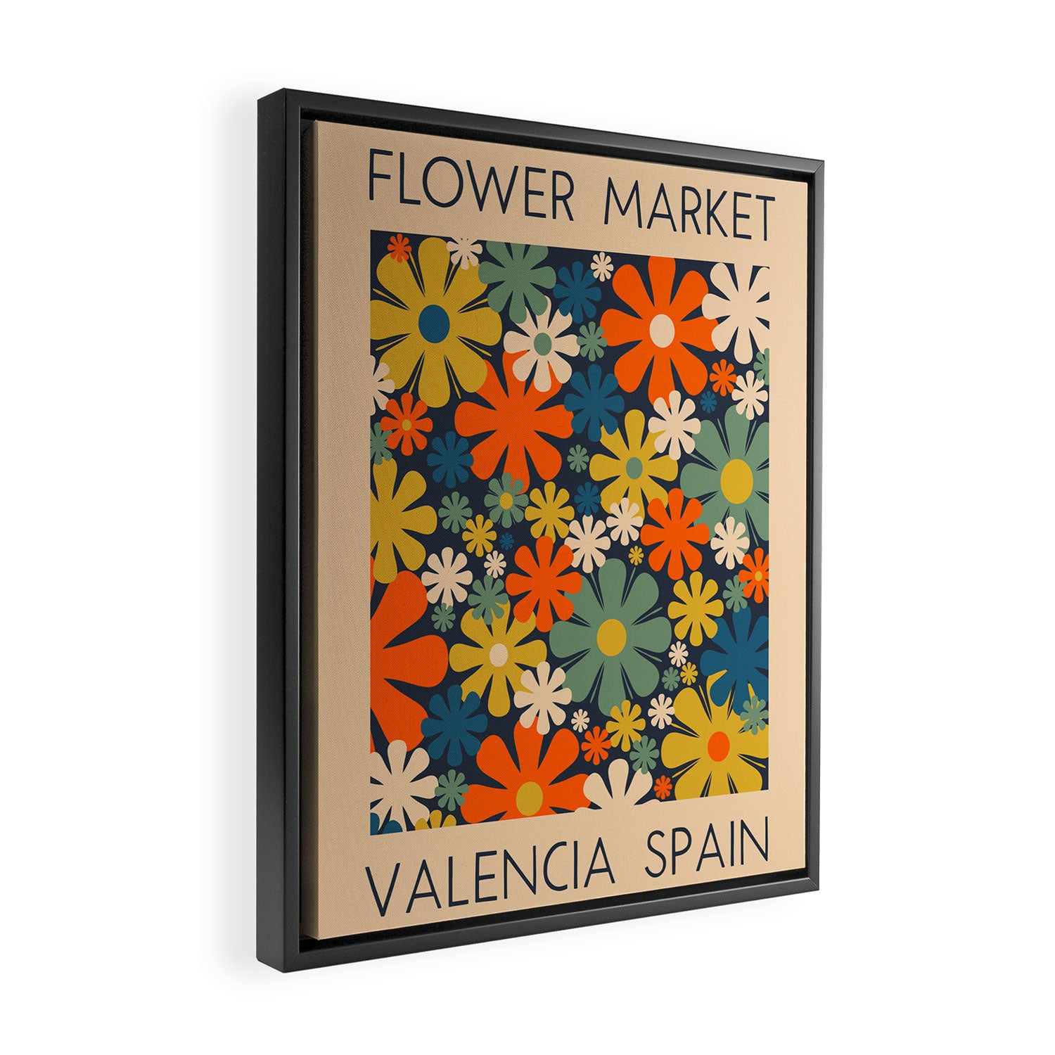 Flower Market Valencia Spain Retro Minimal Floral Blue Orange Mustard Framed Canvas Print Gallery Image 2