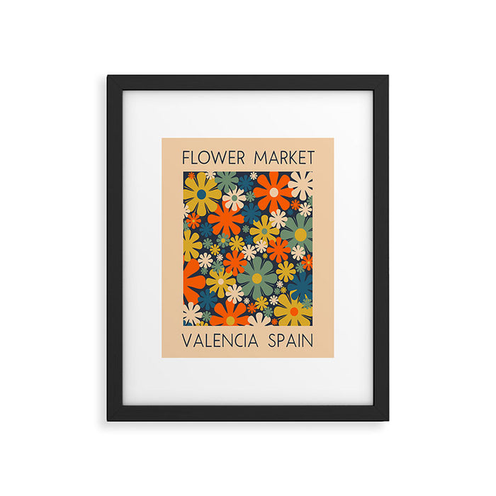 Flower Market Valencia Spain Retro Minimal Floral Blue Orange Mustard Framed Art Print Gallery Image 1