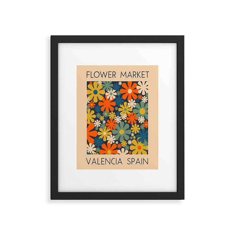 Flower Market Valencia Spain Retro Minimal Floral Blue Orange Mustard Framed Art Print Gallery Image 5