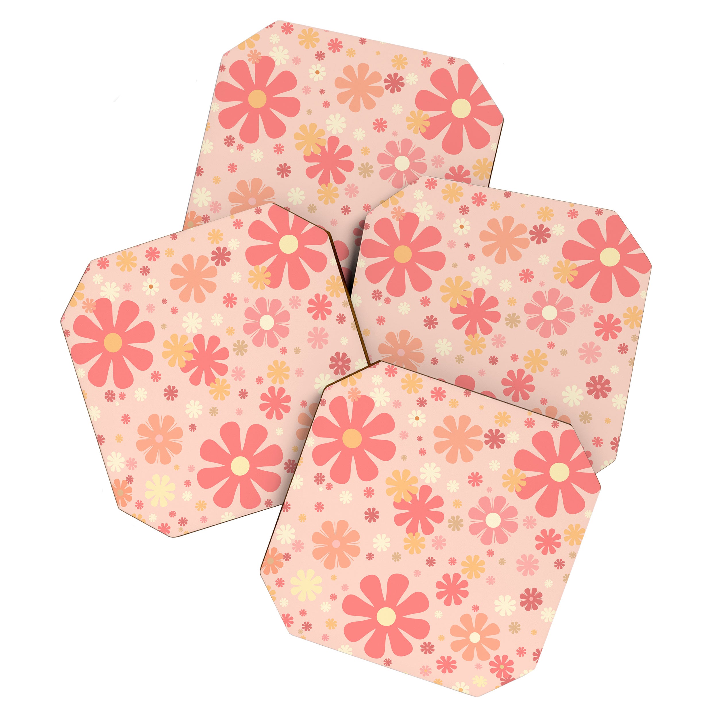 Flowerama Retro Floral Pattern in Blush Pink and Pale Yellow Coaster Gallery Image 1