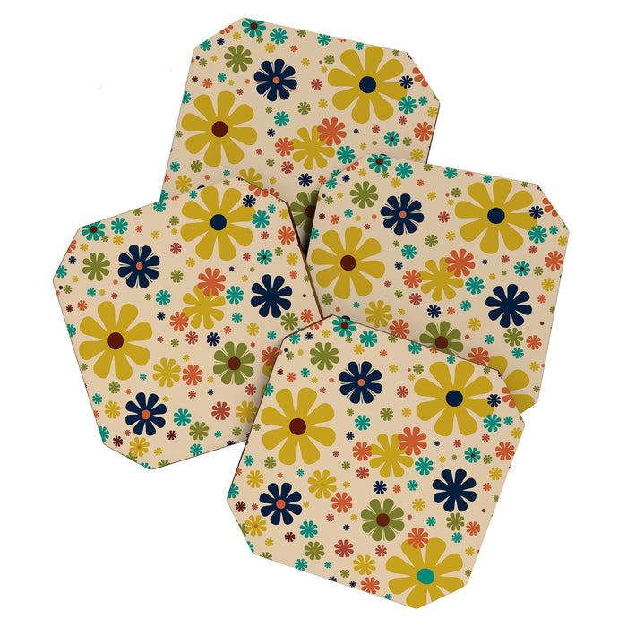 Flowerama Retro Floral Pattern in Mid Mod Mustard, Orange, Teal, Olive, and Beige Coaster Gallery Image 1