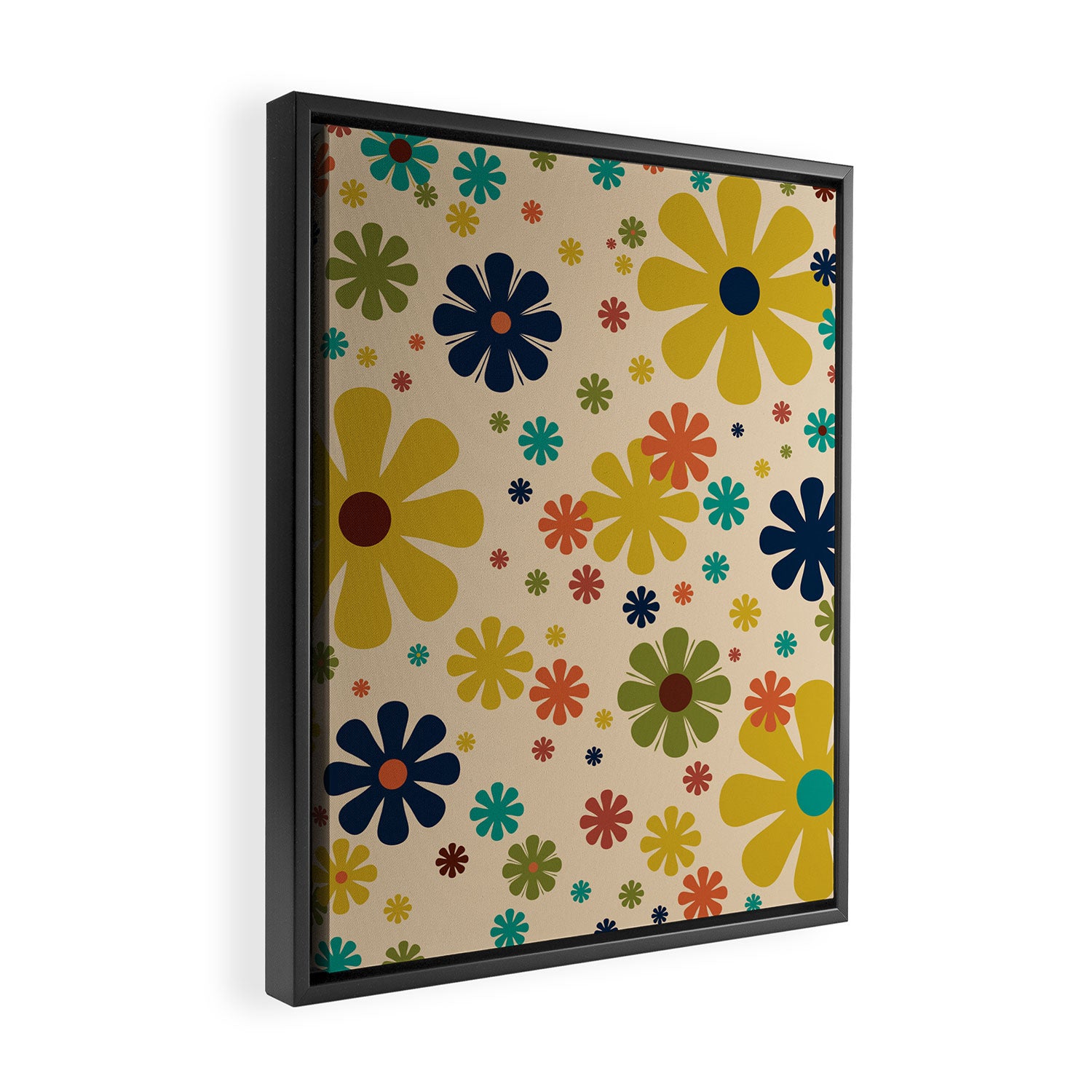 Flowerama Retro Floral Pattern in Mid Mod Mustard, Orange, Teal, Olive, and Beige Framed Canvas Print Gallery Image 2
