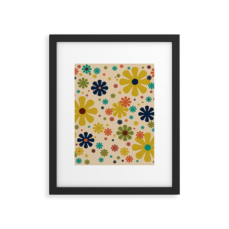 Flowerama Retro Floral Pattern in Mid Mod Mustard, Orange, Teal, Olive, and Beige Framed Art Print Gallery Image 6