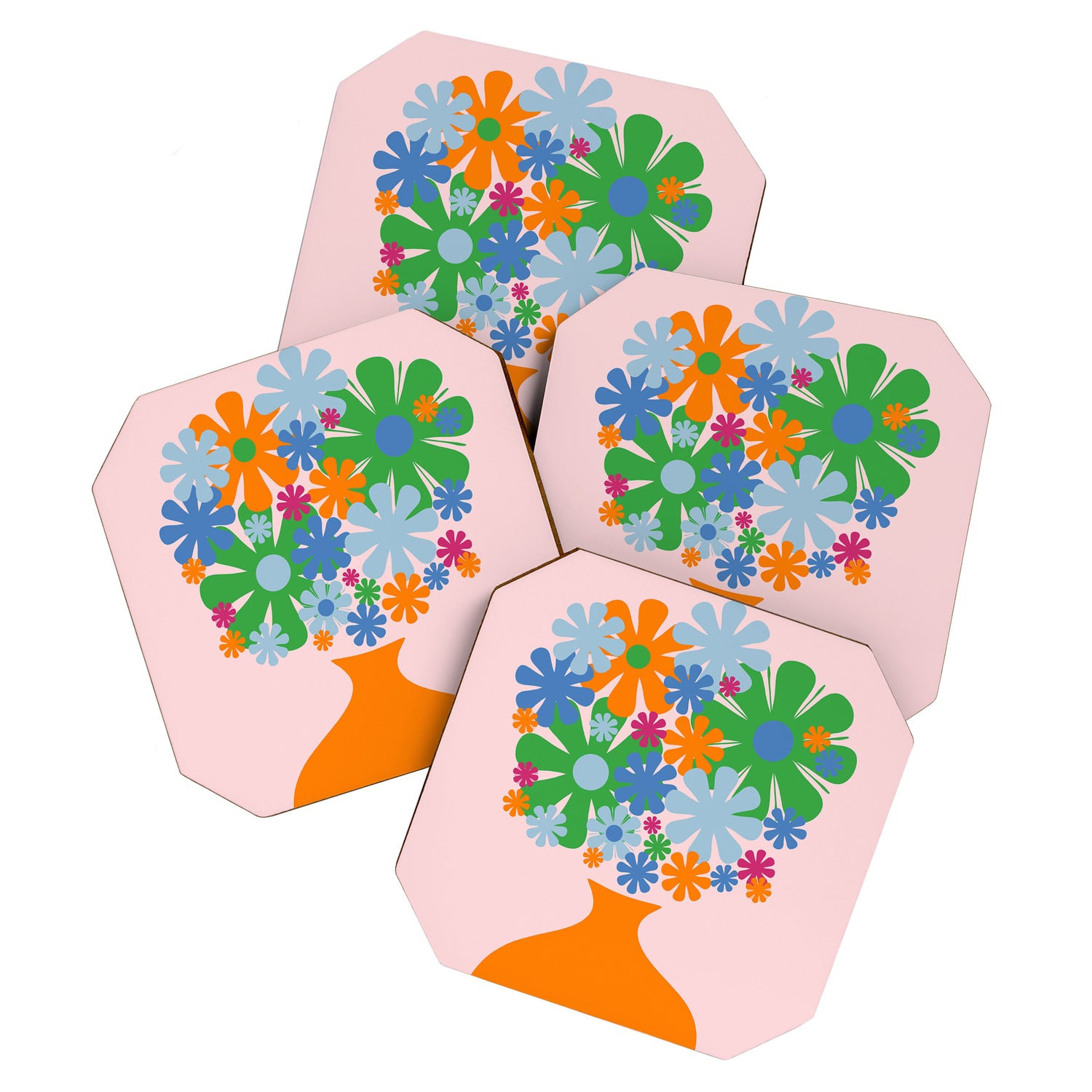 Flowers in Vase Les Fleurs Cheerful Retro Minimal Still Life Pink Tangerine Coaster Gallery Image 1