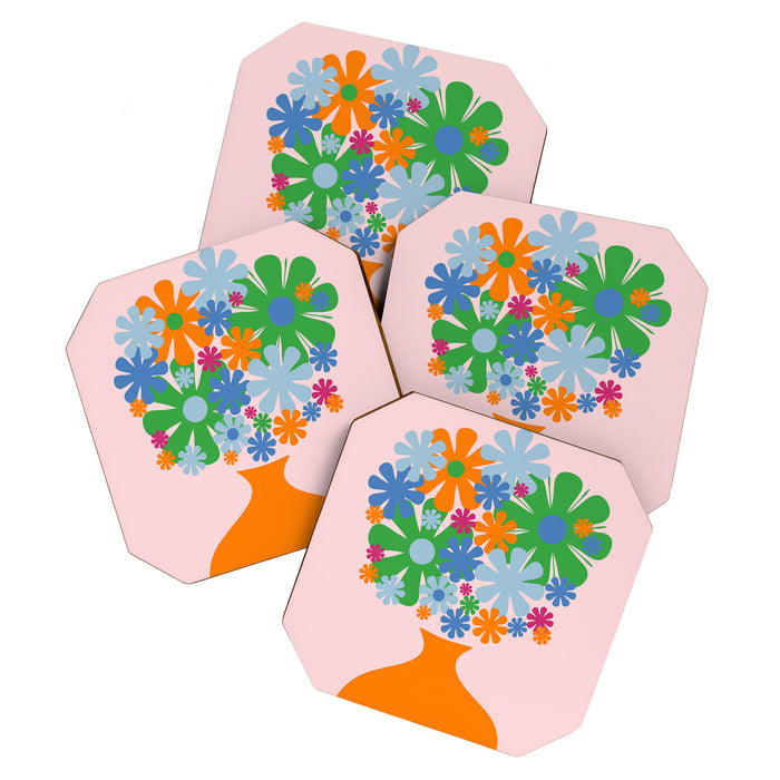 Flowers in Vase Les Fleurs Cheerful Retro Minimal Still Life Pink Tangerine Coaster Gallery Image 1