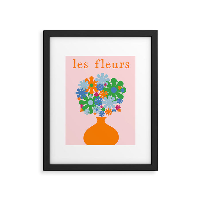 Flowers in Vase Les Fleurs Cheerful Retro Minimal Still Life Pink Tangerine Framed Art Print Gallery Image 1