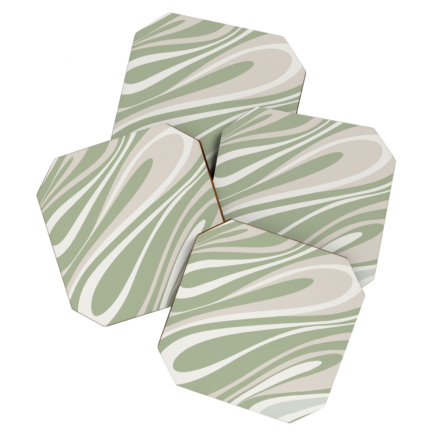 Fluid Vibes Retro Aesthetic Swirl Abstract Pattern Sage Green Cream Beige Coaster Gallery Image 1