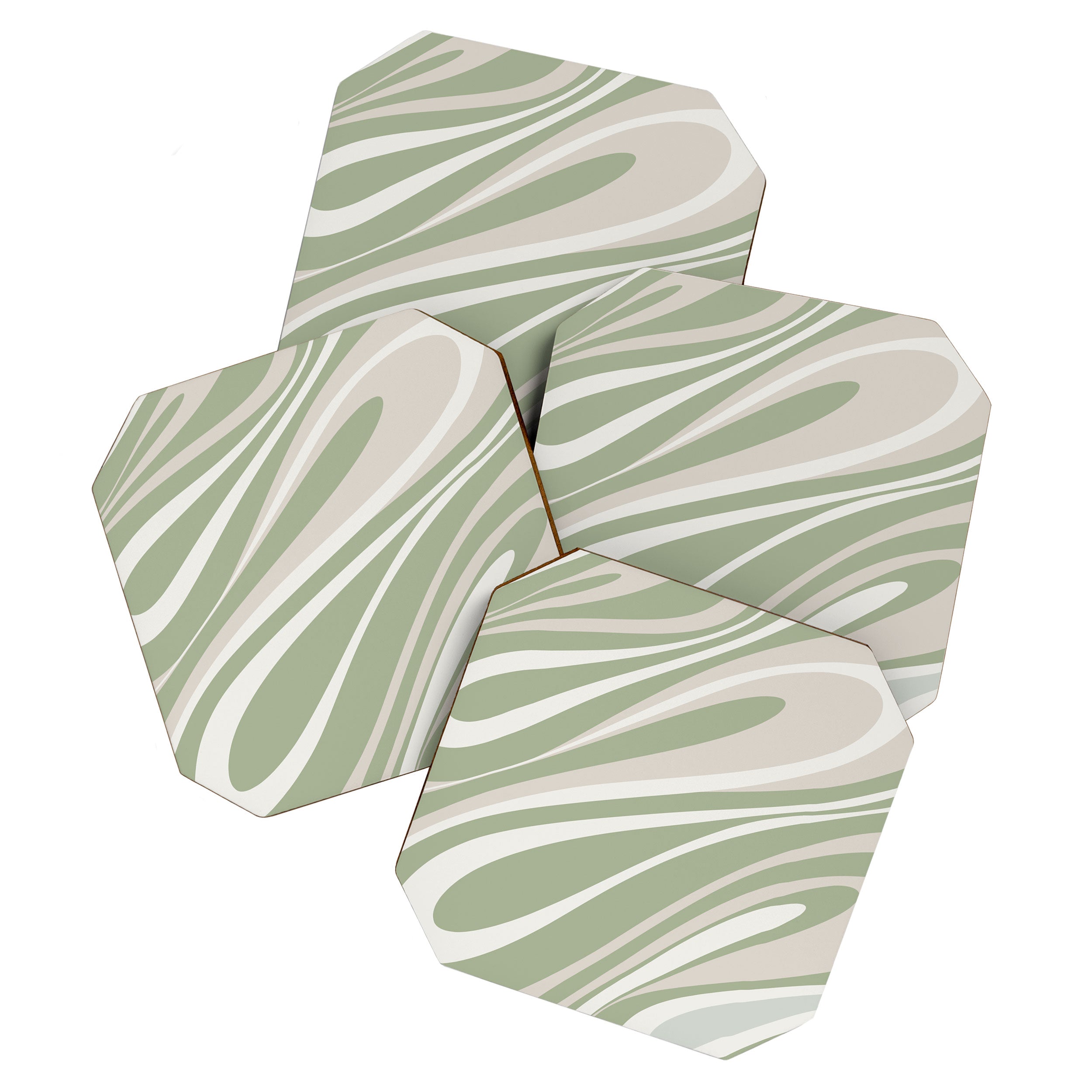 Fluid Vibes Retro Aesthetic Swirl Abstract Pattern Sage Green Cream Beige Coaster Gallery Image 1
