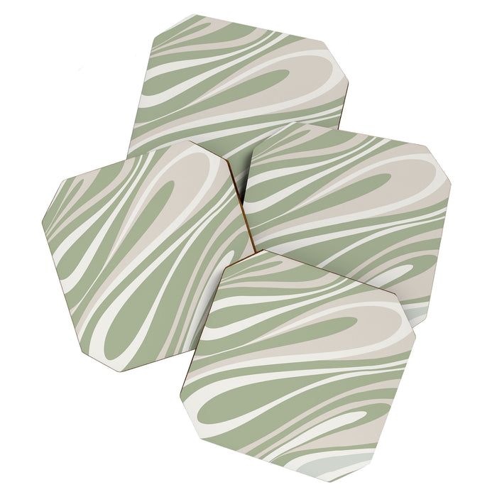 Fluid Vibes Retro Aesthetic Swirl Abstract Pattern Sage Green Cream Beige Coaster Gallery Image 1