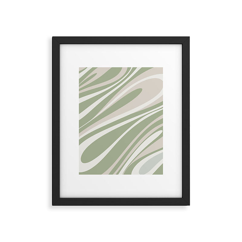Fluid Vibes Retro Aesthetic Swirl Abstract Pattern Sage Green Cream Beige Framed Art Print Gallery Image 6