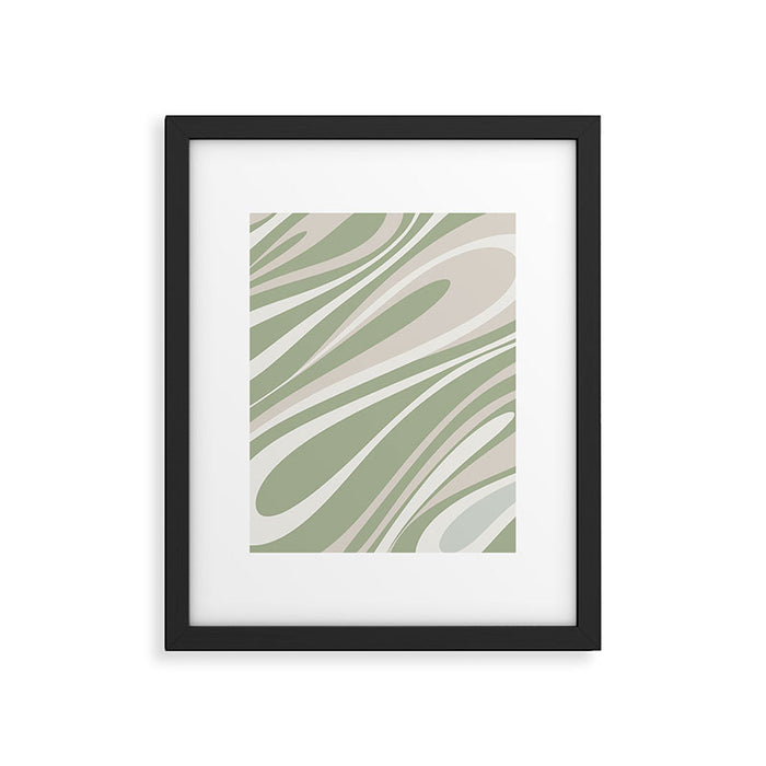 Fluid Vibes Retro Aesthetic Swirl Abstract Pattern Sage Green Cream Beige Framed Art Print Gallery Image 1