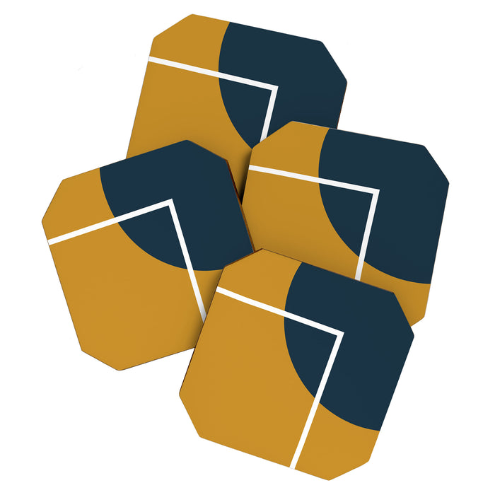 Fusion 4: Minimalist Geometric Abstract in Dark Mustard Yellow, Navy Blue, and White Coaster Gallery Image 1