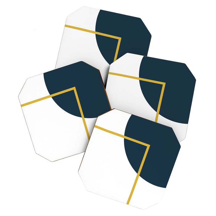 Fusion Minimalist Geometric Abstract in Mustard Yellow, Navy Blue, and White Coaster Gallery Image 1